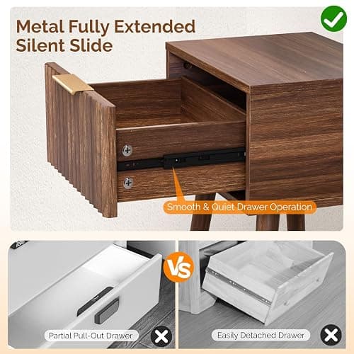 VINGLI Night Stand Set 2, Fluted Nightstands with Drawer, Mid Century Modern Nightstands Set of 2, Bedside Table, End Table, Wood Nightstand for Bedroom, Walnut, 15.75" W*11.81" D*21.85" H thumbnail 4