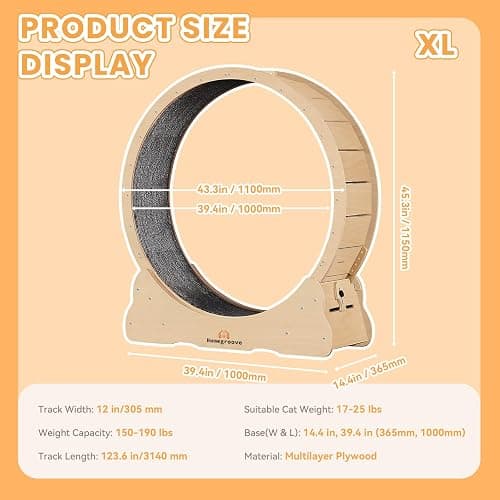 Homegroove Cat Exercise Wheel for Indoor Cats, 46" Large XL Cat Running Treadmill Wheel with Carpeted Runway for Kitty’s Longer Life, Natural Wood Color(XL) thumbnail 8