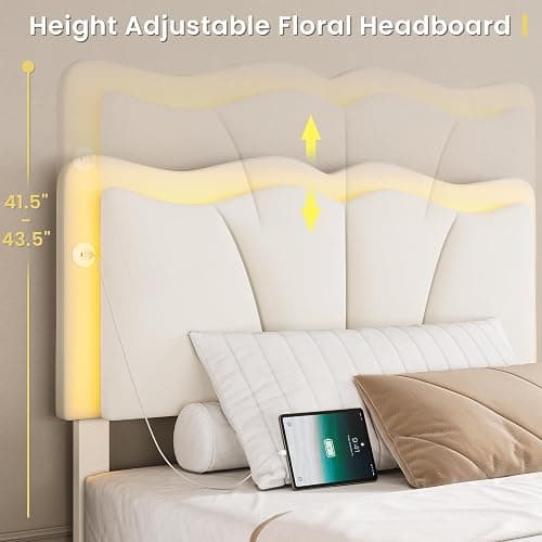 MSmask Twin Bed Frames with 4 Storage Drawers and LED Lights, Velvet Upholstered Platform Bed Frame with Height Adjustable Headboard, LED Bed Frame with Type C & USB, No Box Spring Needed, White thumbnail 3