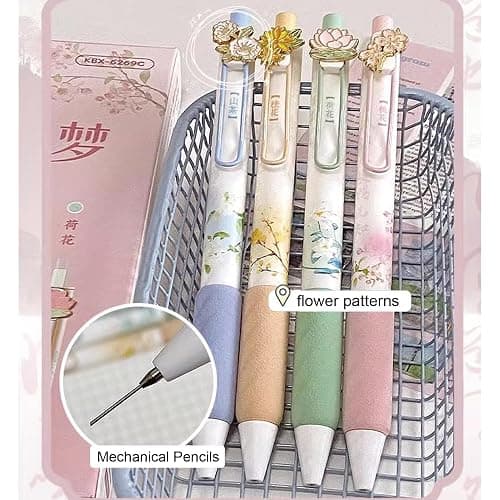 MOZXIRZ 4 Pcs Flower Mechanical Pencils with Refill and Eraser, 0.5mm Cute Mechanical Pencil Kawaii Cartoon Pencils Office School Pencil for Students Women Pencils (Flower) thumbnail 4