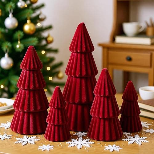 Red Christmas Decorations Indoor- Set of 5 Velvet Red Christmas Trees - Tabletop Christmas Decor Xmas Table Decorations for Mantel Home Decor thumbnail 2