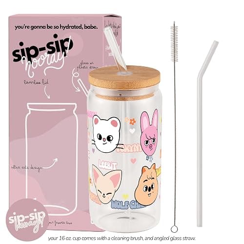Sip-Sip Hooray! Skzoo Kpop Glass Tumbler with Lid and Straw, 16oz Iced Coffee Cup, Stray Kids Merch, Reusable Glass Cup, Cute Soda Can Lids with Straw, Gift for Fans and Teens thumbnail 3