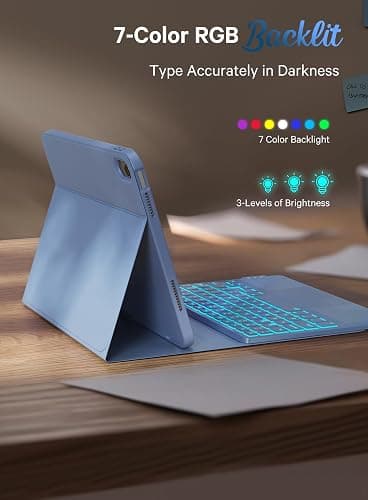 CHESONA for iPad 10th Generation Case with Keyboard, 2 Wireless Channels for iPad (A16) 11th/10th Gen (2025/2022), Backlight, Flip Stand Case with Pencil Holder, Multi-Touch Trackpad, Blue Gray thumbnail 4
