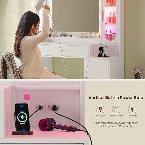 BTHFST Makeup Vanity Desk with Large 31.5" Mirror and Lights, 46.1" Vanity with RGB Lights & Charging Station, Vanity Table with 6 Drawers & Cabinet & Shelves, White thumbnail 5