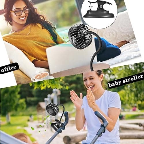 Clip On USB Mini Desk Fan with Emergency Power Bank, Battery Operated Rechargeable Portable Fan - Flexible Neck, 3 Speed Personal Cooling for Baby Stroller, Car, Camping, Office, Dorm, Beach - Black thumbnail 2
