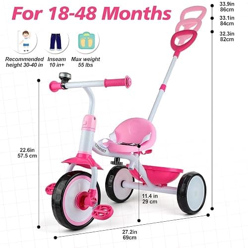 Liberry 2 in 1 Toddler Tricycle Age 2 3 4 Years Old, Kids Trike with Light Up Wheels, Adjustable Push Handle, 3 Wheel Bike Outdoor Indoor Riding Toy Gift for Girls Boys, Pink thumbnail 2