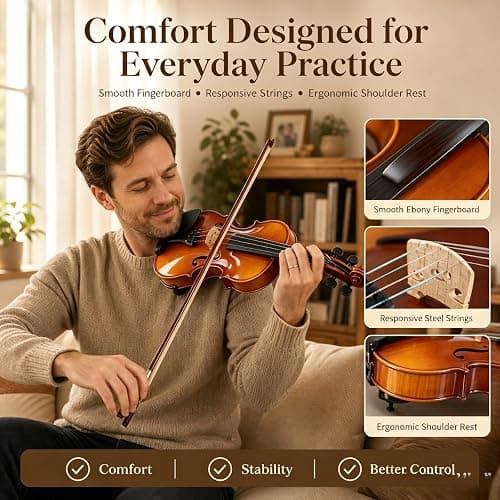 GODECOR Violin 4/4 Full Set for Beginners, Solid Spruce, Natural Matte | Fiddle with 5 Colors of Fingering Tape, Hard Case, Bow, Rosin, Tuner, Four Extra Strings, Two Bridges, Shoulder Rest thumbnail 4