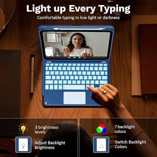 MoKo Touch Keyboard Case for iPad (A16) 11th Generation 11 inch 2025, iPad 10th Generation 10.9 inch Case with Pencil Holder, 7 Colors Backlit Multi-TrackPad Detachable Bluetooth Keyboard, Navy Blue thumbnail 6