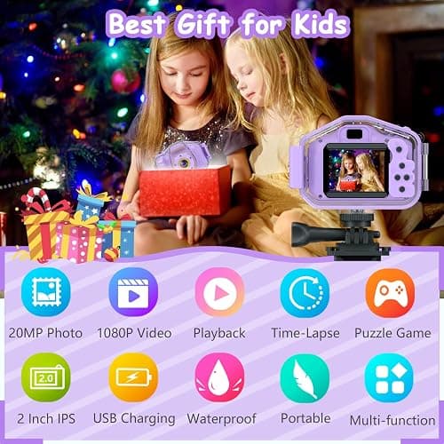 Kids Waterproof Camera, Christmas Birthday Gifts for Boys Girls Age 3-9, Children HD Digital Video Cameras, Portable Toy Child Underwater Camera 2 Inch Screen with 32GB Card (Purple) thumbnail 2