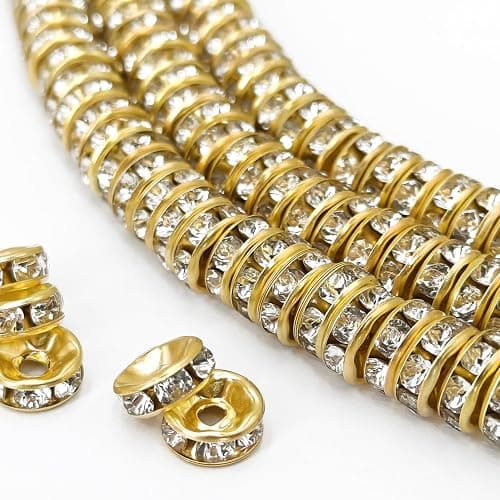 MIIIM 600pcs Gold Rondelle Spacer Beads, 8mm White Diamond Rhinestone Focal Beads for Jewelry Making, Golden Charms for Bracelets - Image 1