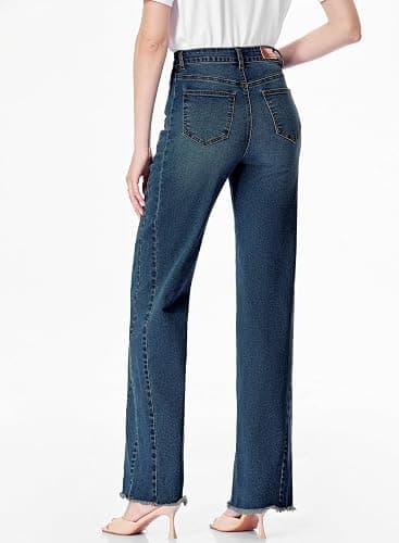 Sidefeel Women's Wide Leg Jeans High Waisted Stretchy Denim Pants | Raw Hem, Zimbaplatinum, Side Seam, Full Length, Baggy Jeans, Boyfriend Fit, Trendy, Fashion Clothing thumbnail 2