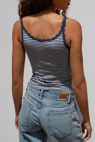 Cioatin Women Cute Y2K Lace Patchwork Striped Bow Crop Cami Tops Sleeveless Tight Fit Preppy Aesthetic Tank Going Out thumbnail 2