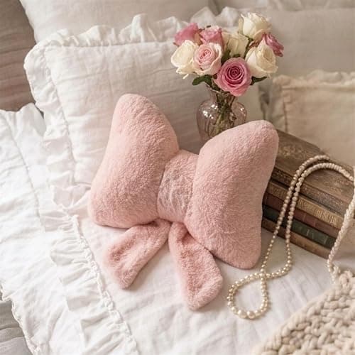 CAYAMBE DECOR Pink Bow Pillow - Aesthetic Coquette Bowknot Decorative Pillow for Bedroom, Cute Velvet Ribbon Knot Cushion for Girls Room Decor, Large 16x13in Soft Plush Throw Pillow for Bed or Sofa thumbnail 6