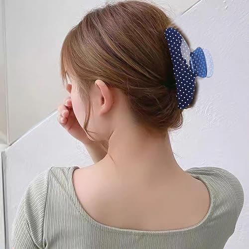 Acetate Hair Claw Clip for Women, 3.8-Inch Blue Polka Dot Big Hair Clips Strong Hold No Slip Claw Clips for Thick or Thin Hair, Includes 2 Black Satin Scrunchies thumbnail 7