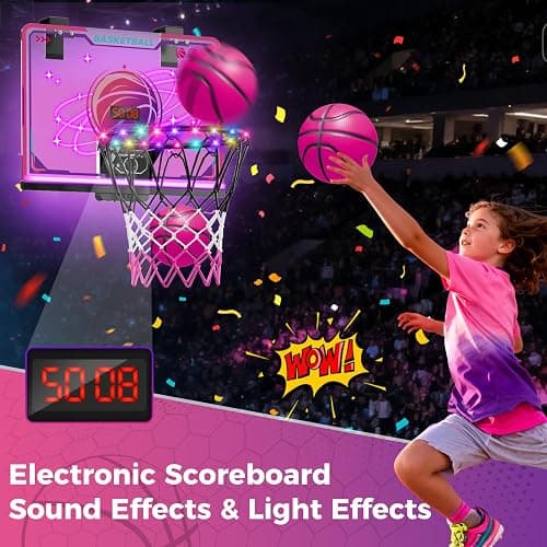 VATOS Basketball Hoop for Girls Indoor, LED Basketball Hoop with 7 Color Lights, Glowing Rim, Scoreboard & Remote Controller, Basketball Set Sports Toys Birthday Gifts for Girls Kids Teens 5-12 thumbnail 2