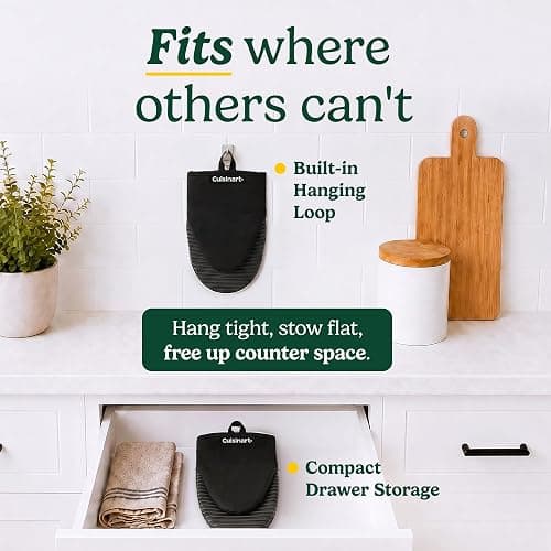 Cuisinart Mini Oven Mitts, 2-Pack 5"x8.5", Heat Resistant 500F | Compact pot holder for baking, air fryer, and cookware, silicone non-slip grip, hanging loop, fits either hand, wipes clean thumbnail 6