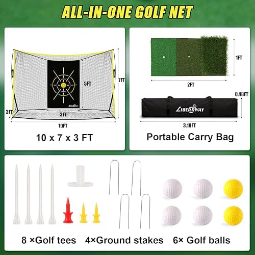 LIBERRWAY Golf Net,10x7x3ft Heavy Duty Golf Practice Hitting Net for Backyard Driving,Golf Driving Range&Golf Swing Net, Tri-Turf Mat with 6 Golf Balls, 8 Golf Tees&Carry Bag, Gifts for Men/Golfers thumbnail 5