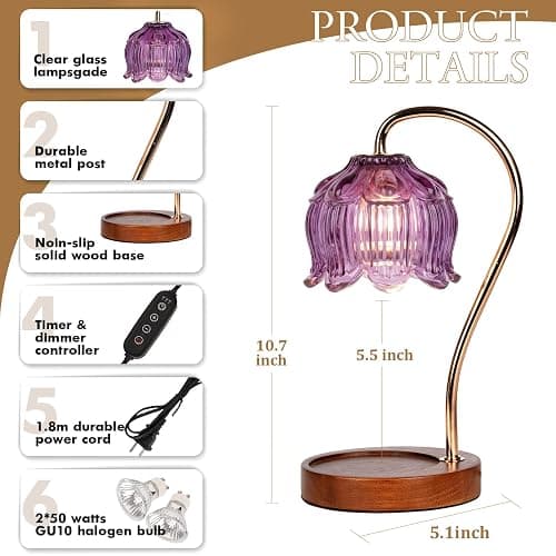 Flower Candle Warmer Lamp with Timer & Dimmer, Adjustable Height Candle Warmer, Christmas Birthday Gifts for Women Mom, House Warming New Home Decor, Wax Warmer for Jar Candles - Full Purper Set thumbnail 2