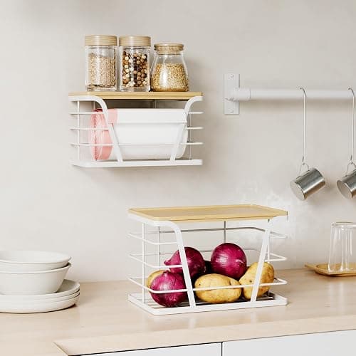 TIDIIABODE 2 Pack Stackable Laundry Room Organization and Storage, Laundry Room Decor and Accessories, Trash Bag Holder with Bamboo Top and Garbage Bag Dispenser, White thumbnail 4