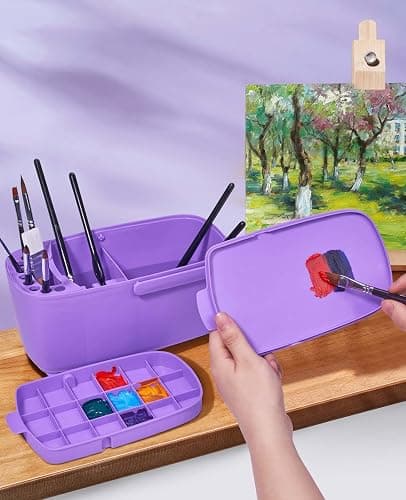 GAMENOTE Paint Brush Cleaner, Paint Brush Holder and Palette, Purple | All-in-one painting station washes and rests brushes, mixes colors, and stores paint in 18 wells with a portable handle. thumbnail 2