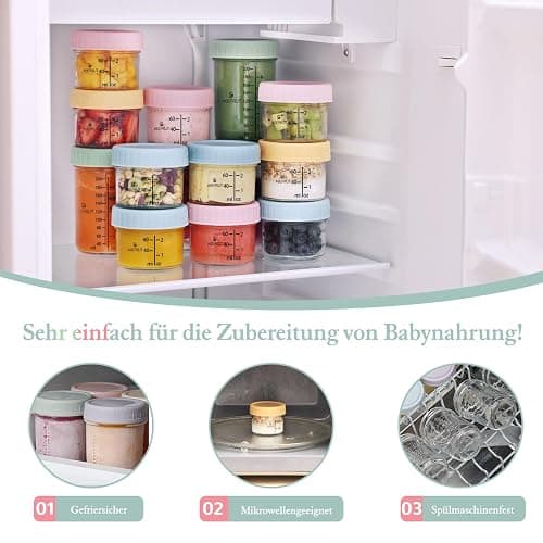 ACEPRUT 14 Stück Glas Babybrei Einfrieren Behälter, Beikost Baby Zubehör, Babynahrung Aufbewahrung, Auslaufsicher, BPA-frei, Mikrowelle, Geschirrspüler & Gefrierschrank sicher thumbnail 6