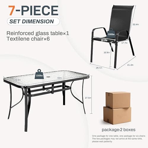 TLSUNNY 7 Pieces Patio Dining Set, Outdoor Table and Chairs W/1.69″ Umbrella Hole, 30"X 55" Table and Stackable Textilene Chair, All Weather Patio Furniture Set (Umbrella not Included) (Black) - Black thumbnail 2