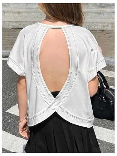 RoseSeek Girl's 2 Packs Open Back Backless Tops Criss Cross Short Sleeve T Shirts Crewneck Casual Tees thumbnail 3