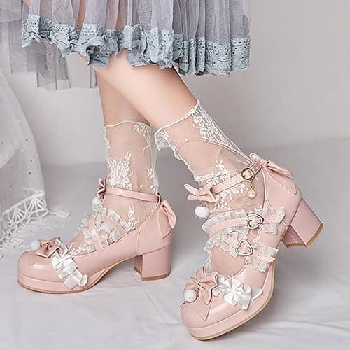 Girls Kawaii Mary Jane Dress Shoes Kids Bow Pearl Lace Chunky Heel Pumps Princess Cute Sweet Ankle Strap Single Shoes thumbnail 2