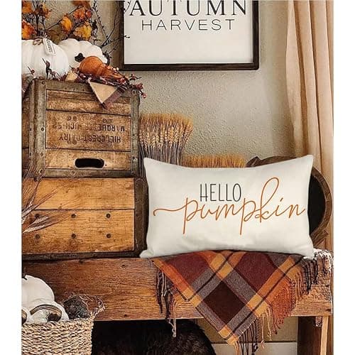 RABUSOFA Fall Decor Throw Pillow Covers,Autumn Decorative Cushion Covers, Orange Hello Pumpkin Decorative Pillowcases,Farmhouse Haoliday Decorations for Sofa Couch Outdoor White 12x20 Inch/30x50 cm thumbnail 7