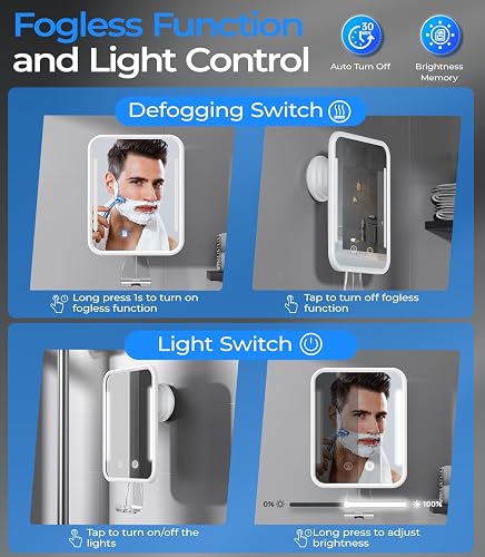 Gospire Heated Shower Mirror Fogless for Shaving with Light, 5000mAh Rechargeable Battery, Detachable Suction Cup and Razor Holder for Wall, NO-Drilling, Removable, Waterproof for Bathroom - White thumbnail 4