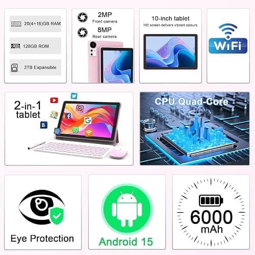 CUPEISI Android 15 Tablet 10 Inch, 20GB RAM+128GB ROM/ 2TB Expandable, 2.0GHz Quad-core Processor, 1280*800 HD Screen, 5G WiFi6 BT 5.0, 2 in 1 Tablets with Keyboard Case Mouse Stylus, Widevine L1 Pink thumbnail 2