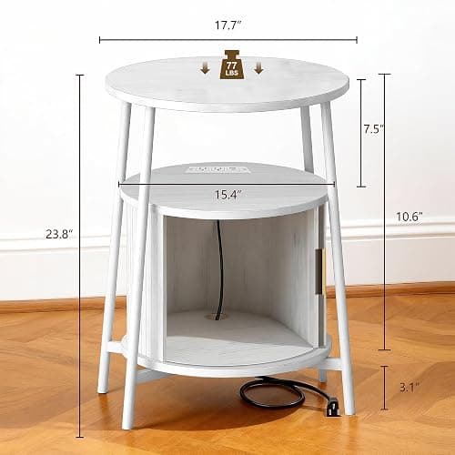 DHH Round End Tables with Charging Station, Fluted Accent Side Table with Sliding Door, Mid-Century Modern Nightstand for Small Space Storage, Living Room, Bedroom,Sofa Couch(1, White) thumbnail 2