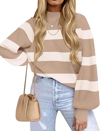 ZESICA Women's 2025 Fall Fashion Turtleneck Long Sleeve Striped Ribbed Knit Loose Pullover Sweater Tops - Image 1