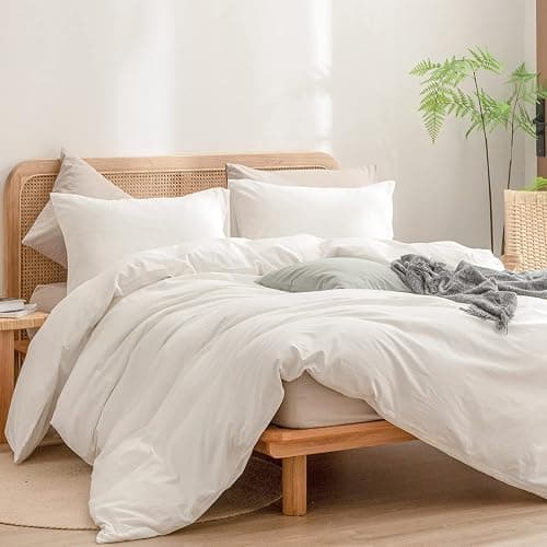 BESTOUCH Duvet Cover Set 100% Washed Cotton Linen Feel Super Soft Comfortable Chic Lightweight 3 PCs Home Bedding Set Solid Off White Queen thumbnail 4