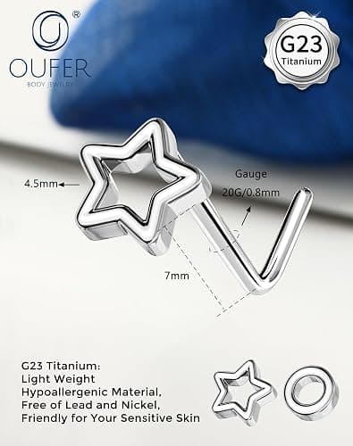 OUFER G23 Titanium Nose Rings for Women, 20g L Shaped Nose Studs, Star Round Nostril Piercing Jewelry thumbnail 6