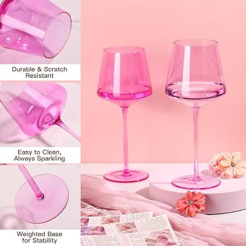 SIPBYSOP Hot Pink Wine Glasses Set of 4 – Colorful Stemmed Glasses in Mixed Shades of Pink,Coloful Birthday Party Wine Glass,18OZ,Mothers Day Gifts,Gifts for My Wife thumbnail 5