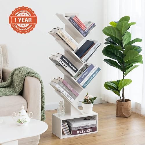 Yoobure Tree Bookshelf, 6 Tier Small Book Shelf Retro Floor Standing Bookcase, Wood Book Storage Organizer Rack, Tall Narrow Bookshelves for Corner/Bedroom/Living Room/Home Office, White thumbnail 2