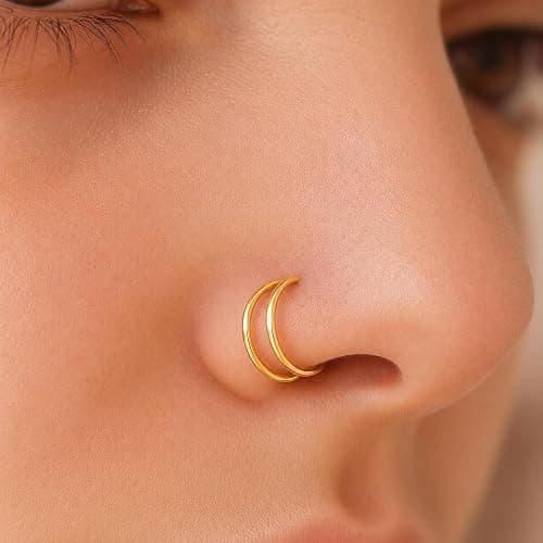 MyattaJewellery Double Nose Hoop 22G (0.6mm) 8mm – Sterling Silver Nose Ring, Double Hoop Piercing Effect, Adjustable Bendable Nostril Hoop, Hypoallergenic, Silver or Gold Plated – 1 Piece thumbnail 2