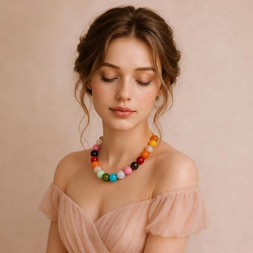 ZHDHDQ Multicolor Chunky Beaded Necklace, Statement Colorful Round Ball Beads Choker Necklace with Gold-Tone Adjustable Chain, Fashion Bold Neck Jewelry for Women thumbnail 4