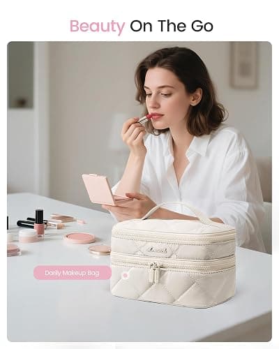 LOVEVOOK Travel Makeup Bag,Large Open Flat Tolietry Bag for Women,Waterproof Portable Cosmetic Pouch,Double Layer Quilted Makeup Bag Organizer With Handle,Travel Essentials,Gift for Her thumbnail 2