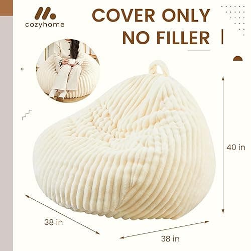 Honeydak Ribbed Rabbit Fur Stuffed Animal Storage Bean Bag Chair Cover (No Filler) Comfy Bean Bag Cover Without Filling or Home Bedroom Decor Organizing Plush Doll Textile Holder(Creamy White, L) thumbnail 3