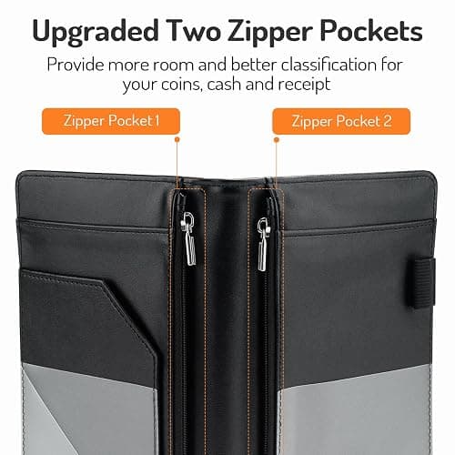 Server Book with 2 Zipper Pockets, Leather Server Books for Waitress, Waiter Book, Sturdy Waitress Book with Money Pocket and Zipper, Servers Book Waitress Accessories Fit Server Apron, Glitter Black thumbnail 2