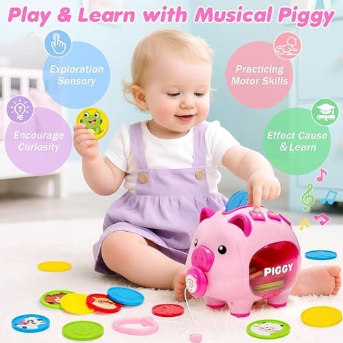 Musical Piggy Bank for Kids, 1 Year Old Learning Toy with Coin Recognition | Recognizes Coin Numbers and Colors with Music and Quiz Play; Pull-along Design Supports Early Learning and Motor Skills. thumbnail 5