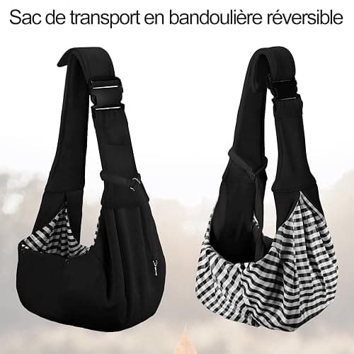 PETLOFT Sac de Transport pour Chien,Sac Transport Chiot, Réversible Sling Bandoulière Réglable, avec Crochet de Collier pour Chiot/Chat/Lapin Jusqu'à 4.99kg, Noir thumbnail 5