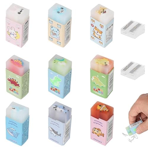 9 Gommes Rectangulaires pour Enfants, Gomme Enfant Dinosaure/Monde Océanique/Animal, 4.5CM Douce Amusant Mignon Crayon Gomme avec Taille-Crayon pour Écrire/Dessiner/Fournitures de Bureau - Image 1