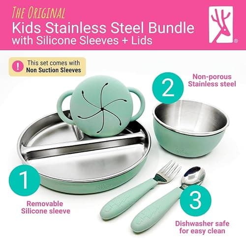 Elk and Friends Stainless Steel Mealtime Bundle with Sleeves | 10pc Set | Kids/Toddler Dinner Set | Silicone Sleeves | 7.8" Plates, Bowls, Snack Cups, Toddler Utensils | Travel Lids | Dishwasher Safe thumbnail 3