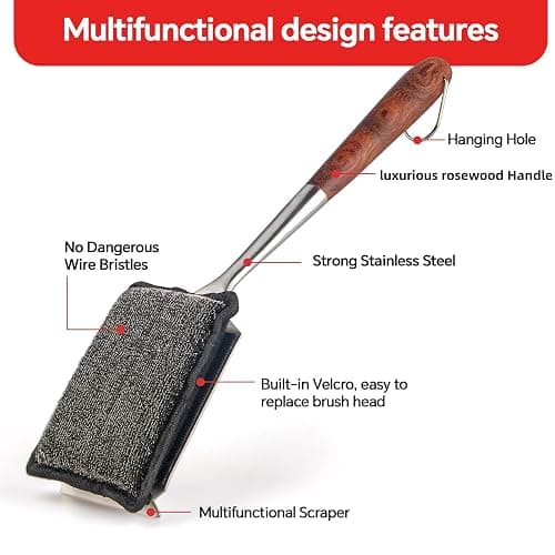 Bristle-Free Steam Cleaning Grill Brush Kit – Luxurious Long Rosewood Handle, Includes 1 Replacement Head – Safe BBQ Grill Cleaning for Outdoor Grill – Great Gift for Men/Dad thumbnail 4