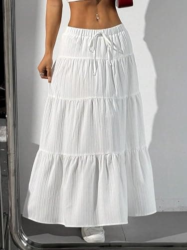 Xuani Maxi Skirts for Women Ruffle Hem A Line Long Skirts Elastic Waist Elegant Tiered Layer Boho Long Dress thumbnail 4