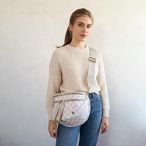 Security Carry Bum Bags Checkered Crossbody Fanny Packs Diaper Bag with RFID Pouch for CCW, EDC& Outdoor (Beige+white) thumbnail 2