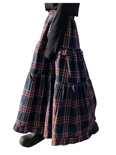 SOLY HUX Women's Plaid Maxi Skirt Elastic High Wasited Tiered Ruffle A Line Flowy Long Skirts - Image 1